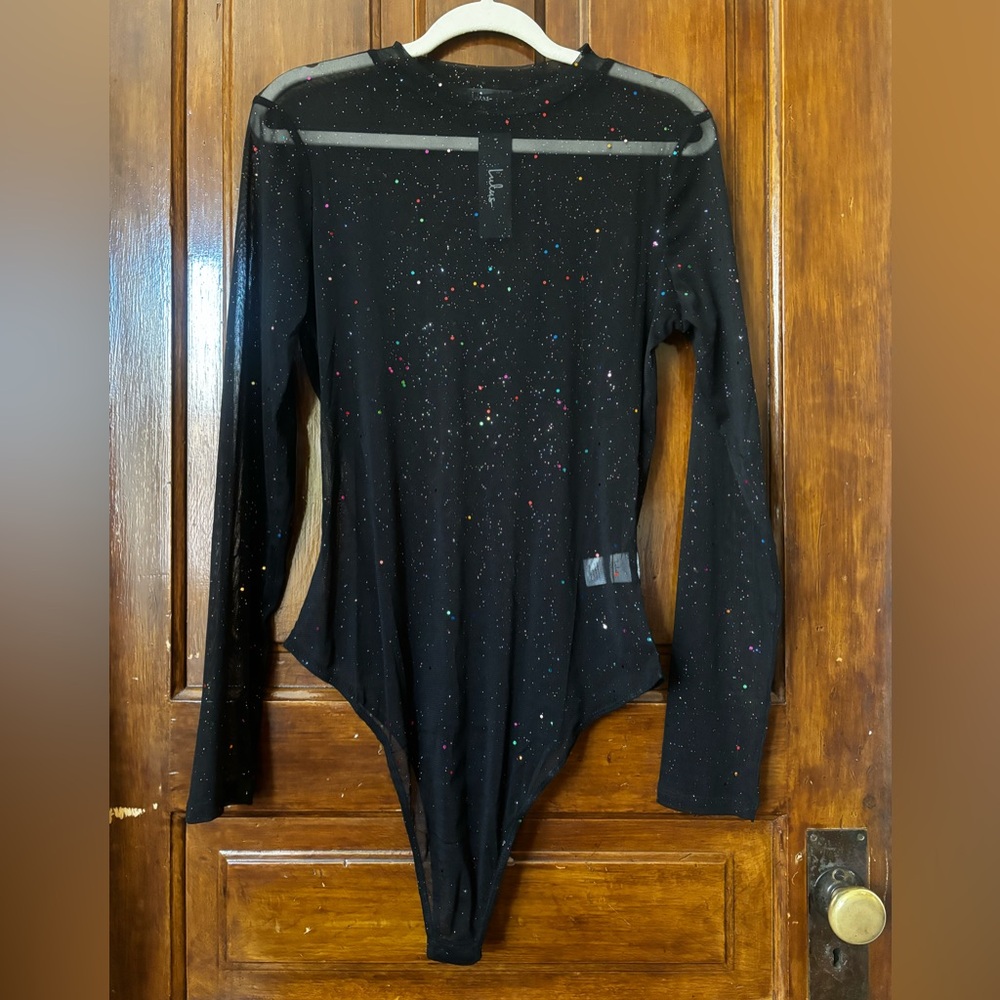 Lulus Black Sheer Mesh Rainbow Glitter Bodysuit
